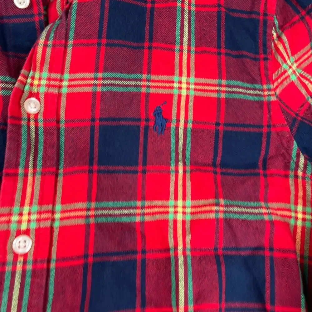 Ralph Lauren Shirt Youth XL Red Blue Tartan Plaid Pony Long Sleeve